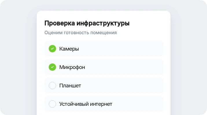 Чек-лист проверки инфраструктуры: камеры, микрофон, планшет, устойчивый интернет
